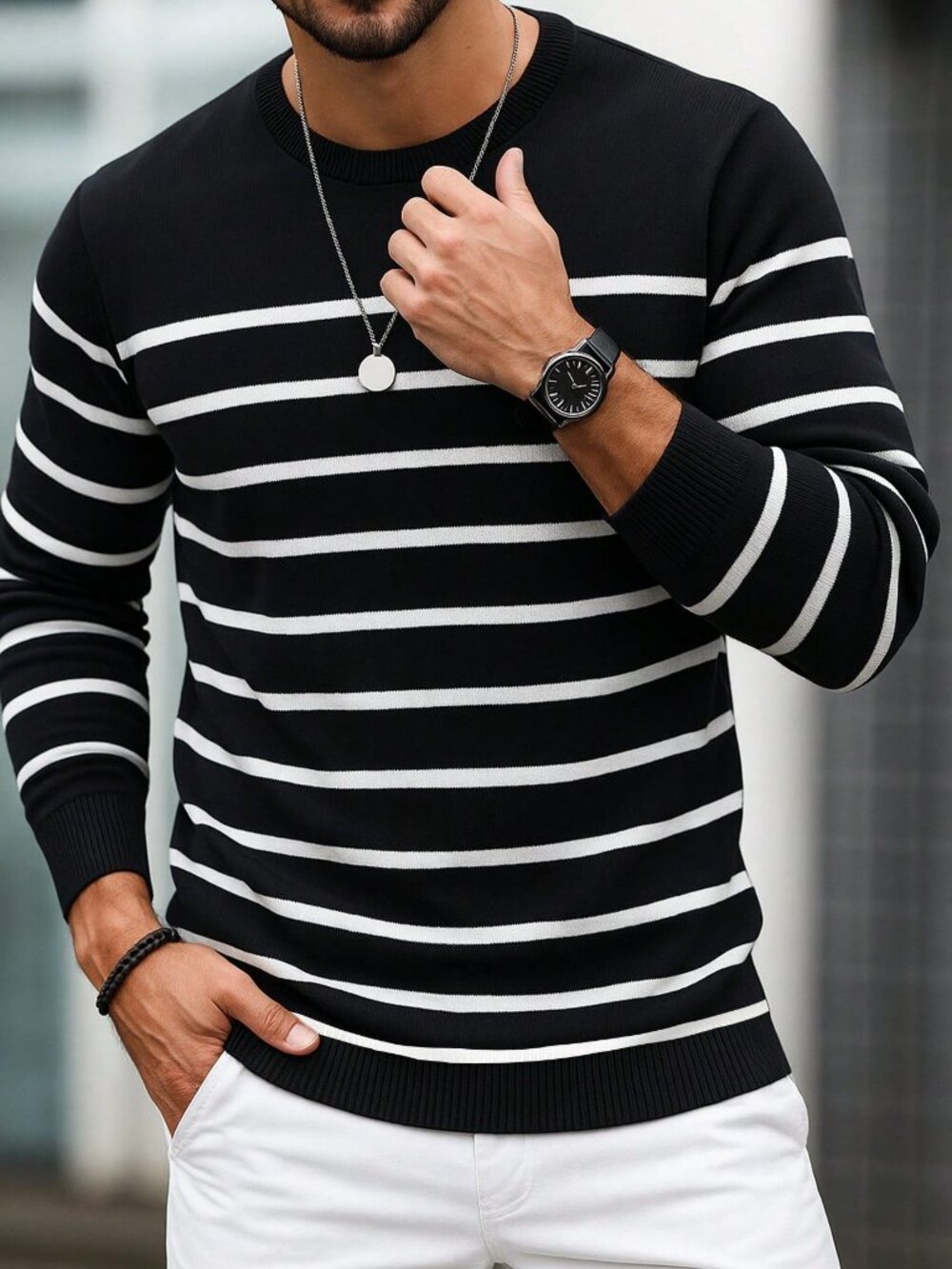 Black Casual Men's Rib-Knit Drop Shoulder Striped Crew Neck Sweater